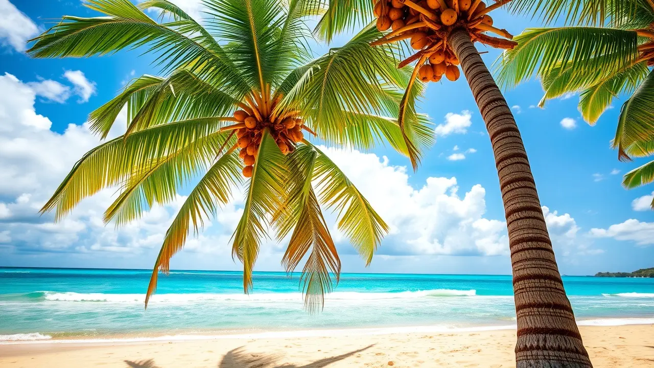 Coqueiro na praia, céu azul