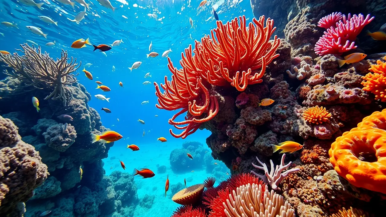 Recife de coral colorido com vida marinha
