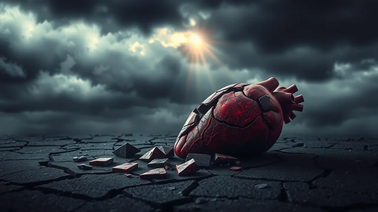 Coração partido em pedaços sobre terra rachada.