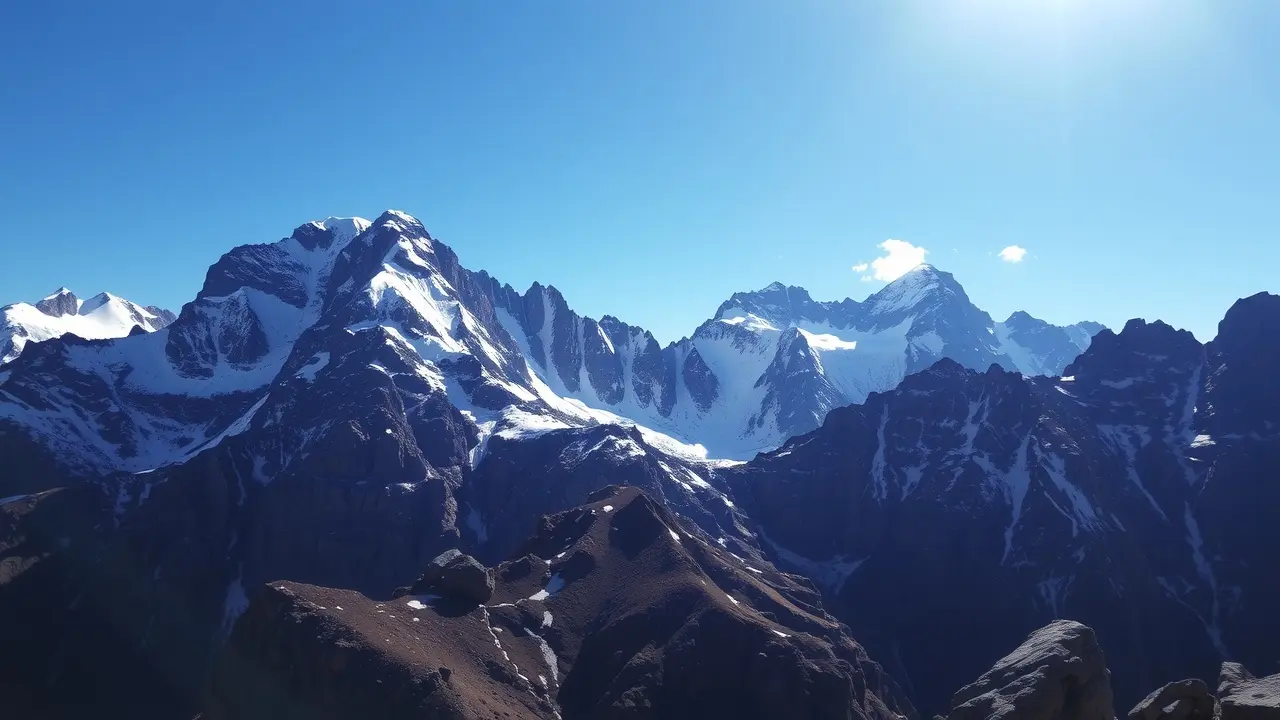 Cordilheira imponente com picos nevados.