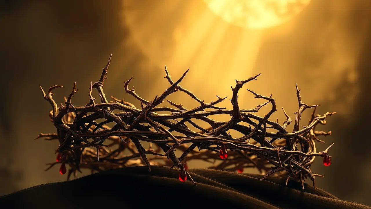 Coroa de espinhos dourada com detalhes realistas.