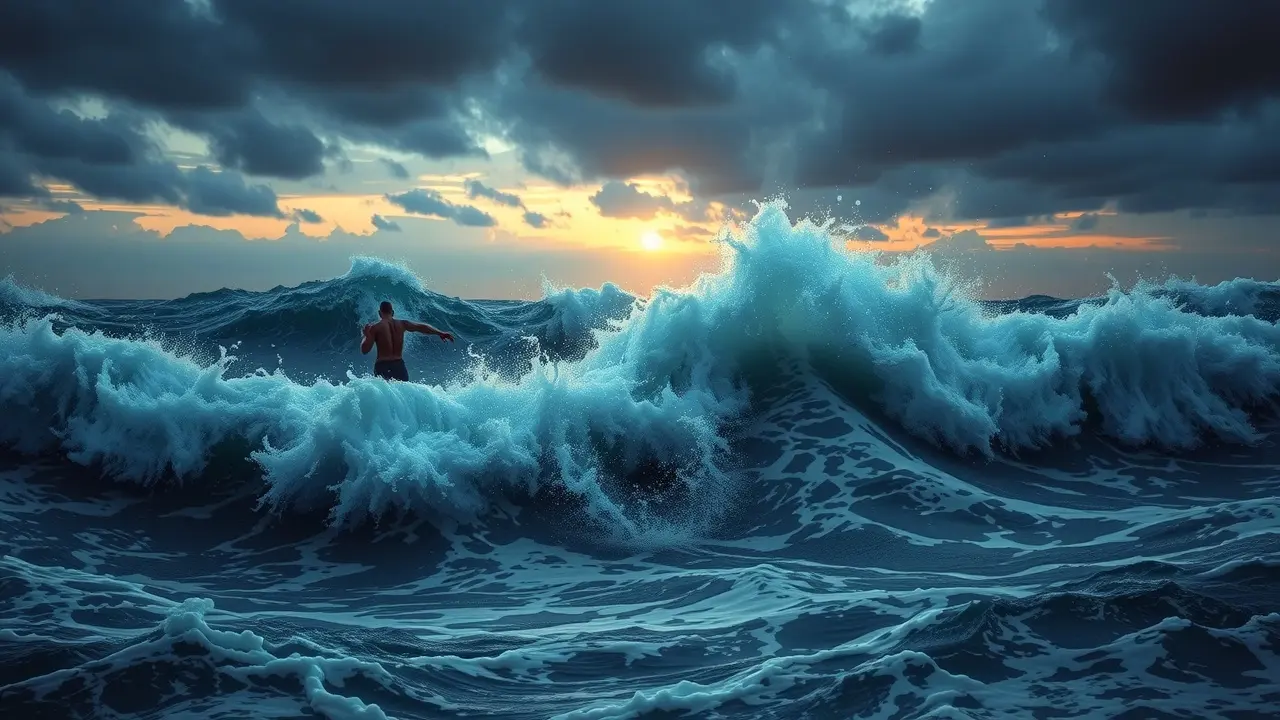 Pessoa lutando contra forte correnteza no mar.