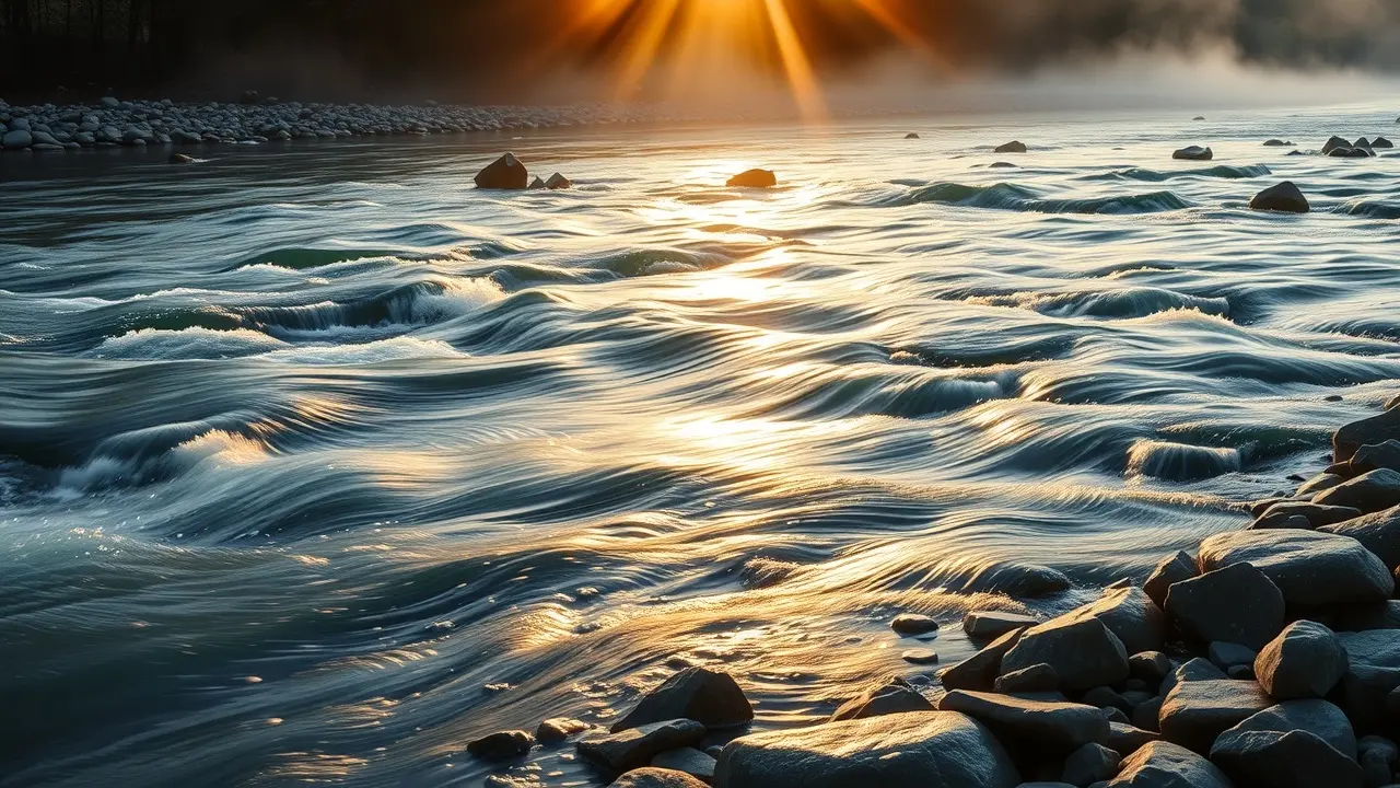 Rio com correnteza calma ao amanhecer