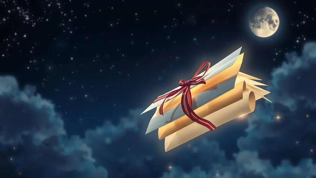 Cartas flutuando no céu noturno em sonho.