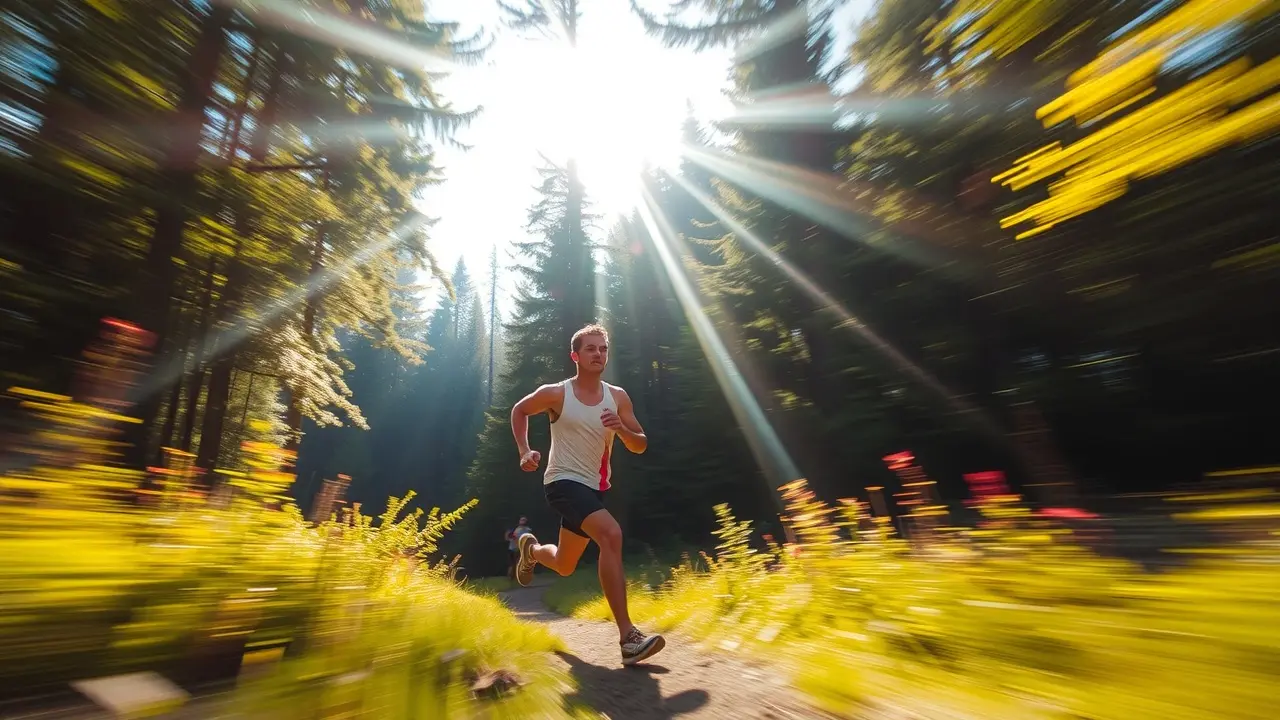 Pessoa correndo na floresta, simbolizando progresso