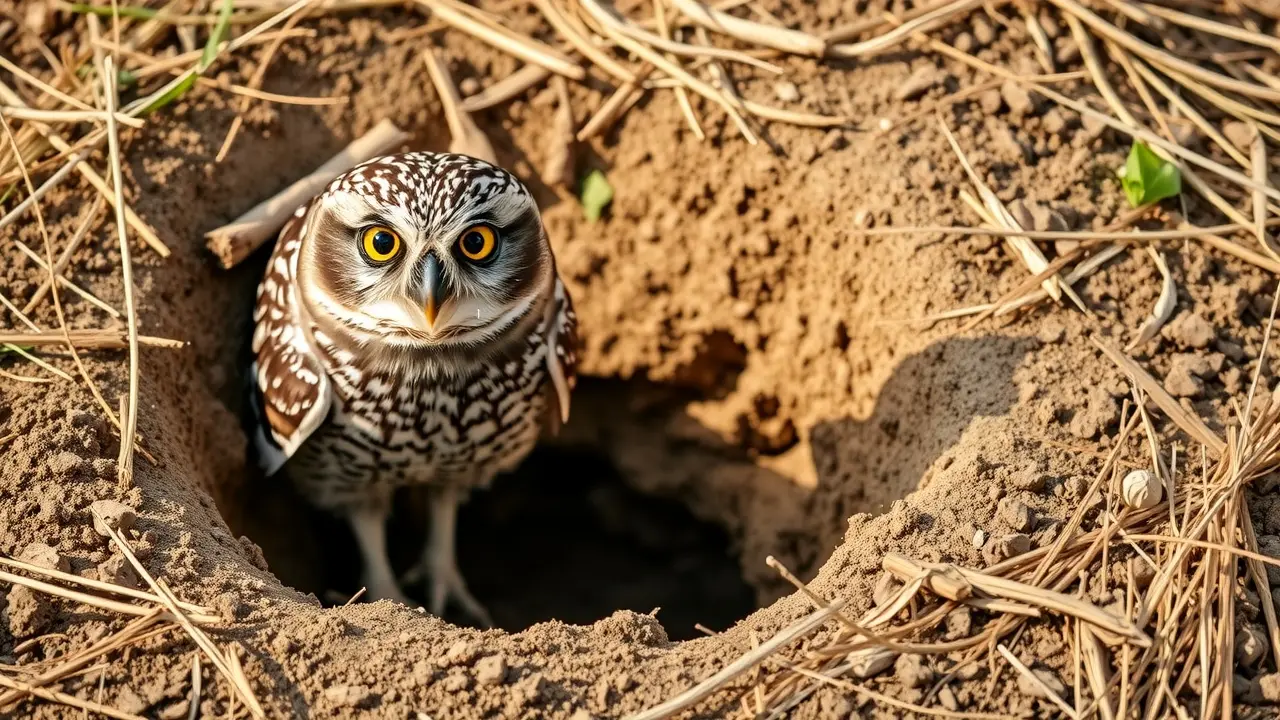 Coruja-buraqueira perto de sua toca