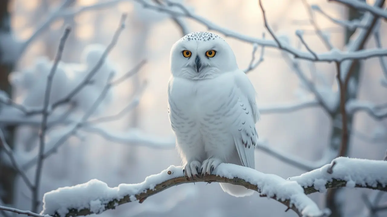 Coruja-das-neves pousada em galho coberto de neve