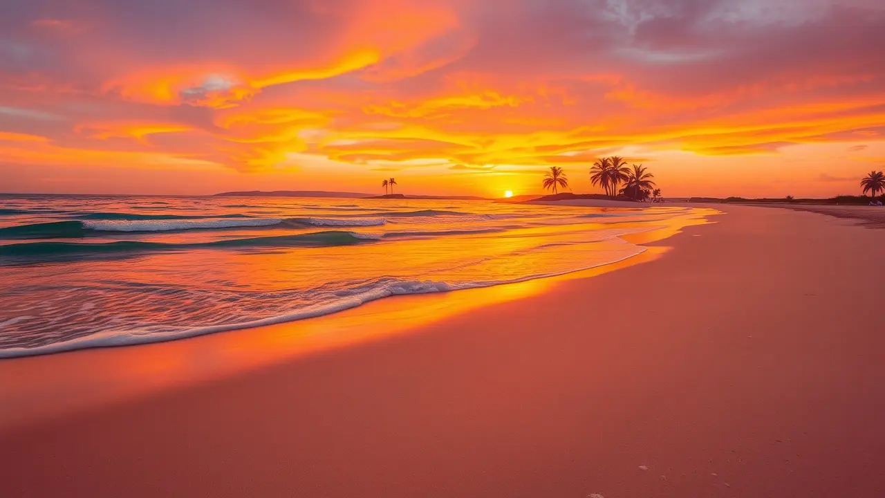 Praia serena ao entardecer refletindo cores vibrantes.