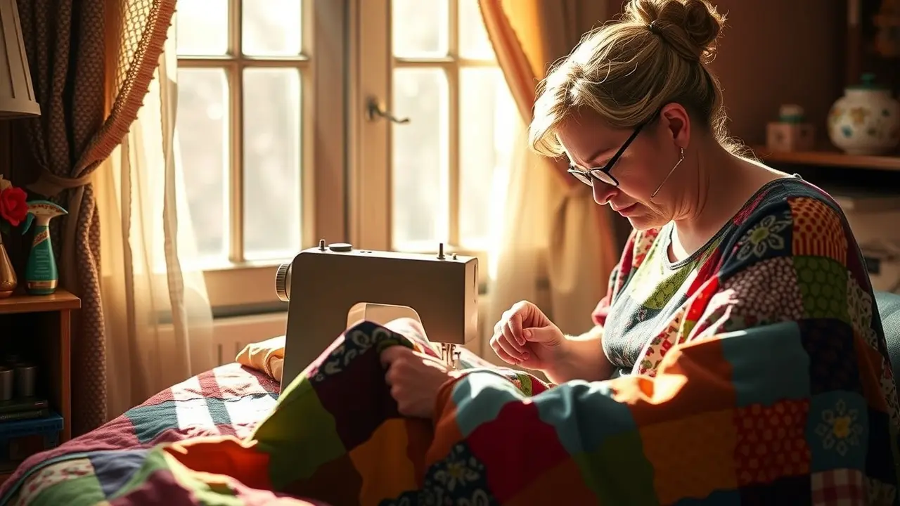 Mulher costurando colcha de retalhos colorida