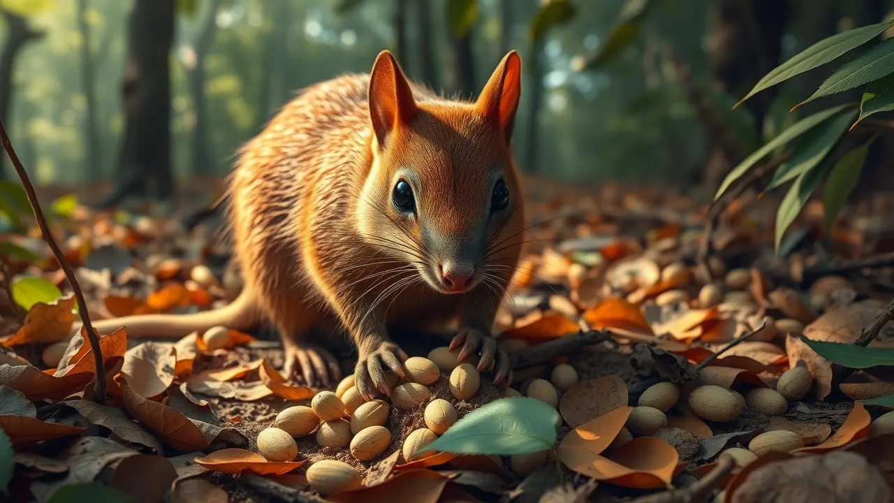 Significado de Sonhar com Cotia: Interpretações e Simbolismos Cotia enterrando sementes na floresta, representando planejamento e futuro.