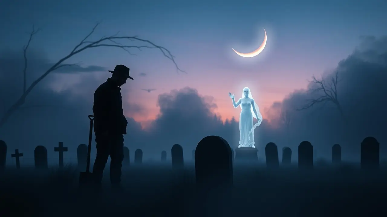 Sonhar com Coveiro: Descubra o Significado e as Interpretações Coveiro em cemitério ao luar, atmosfera onírica.
