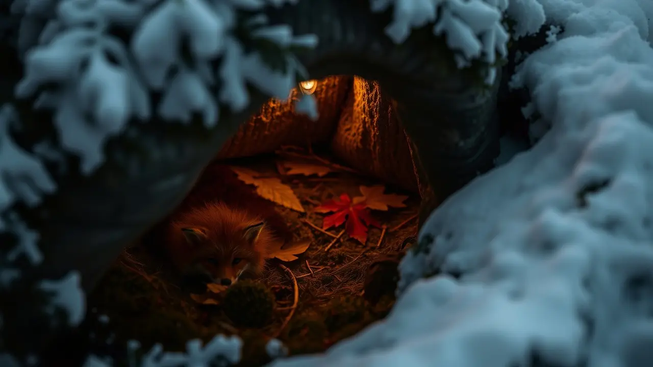 Sonhar com Covil: Desvende os Simbólicos Significados Ocultos Um covil de raposa aconchegante em uma floresta nevada.