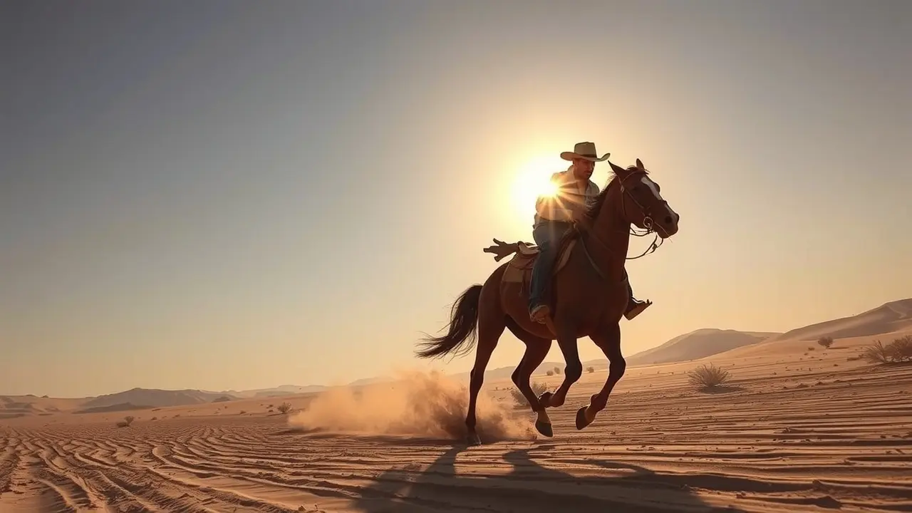 Cowboy cavalgando no deserto ao pôr do sol