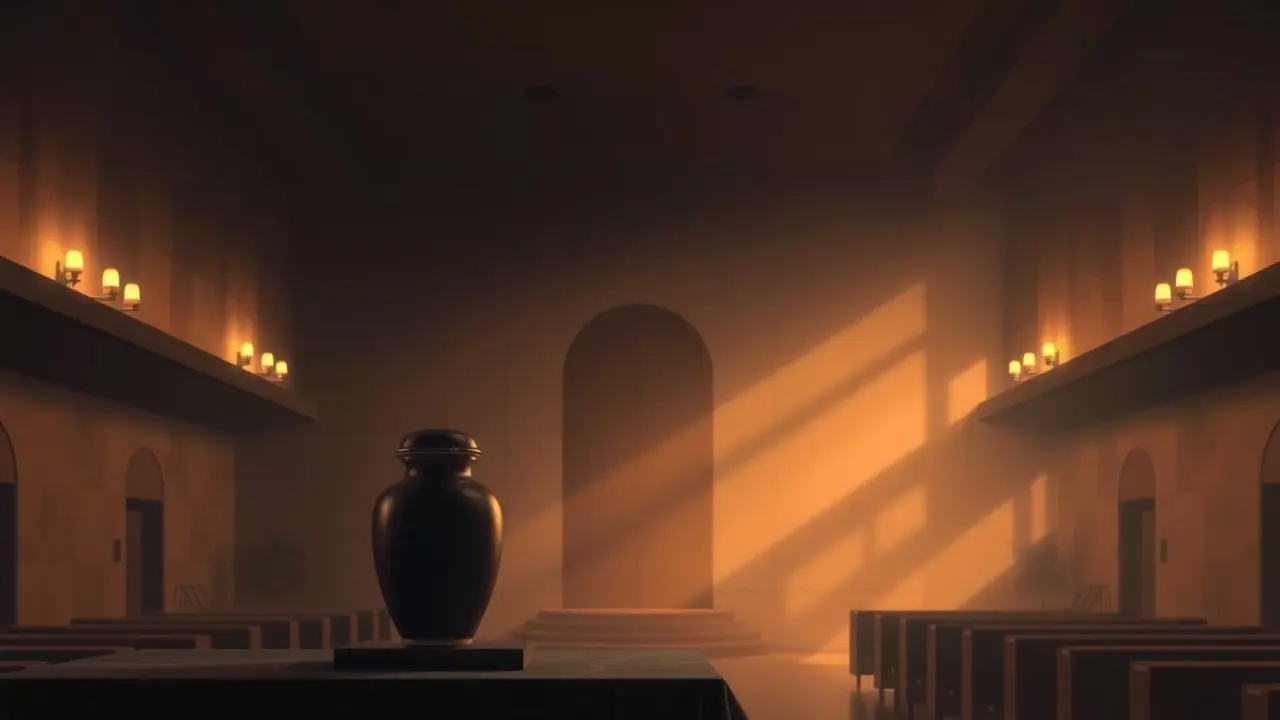 Interior de crematório ao entardecer.