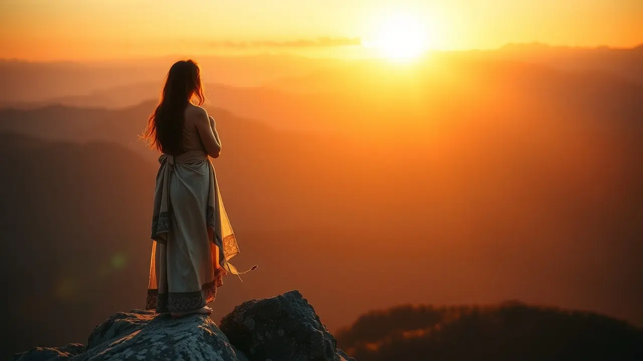 Pessoa contemplando o nascer do sol, simbolizando fé e reflexão.