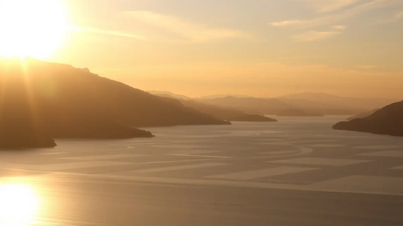Céu dourado refletindo no lago ao entardecer.