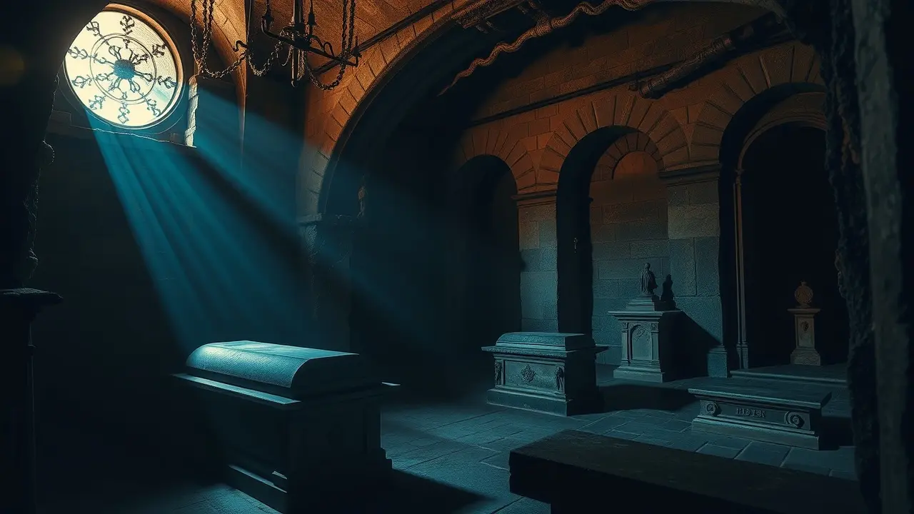 Cripta escura com sarcófagos de pedra.