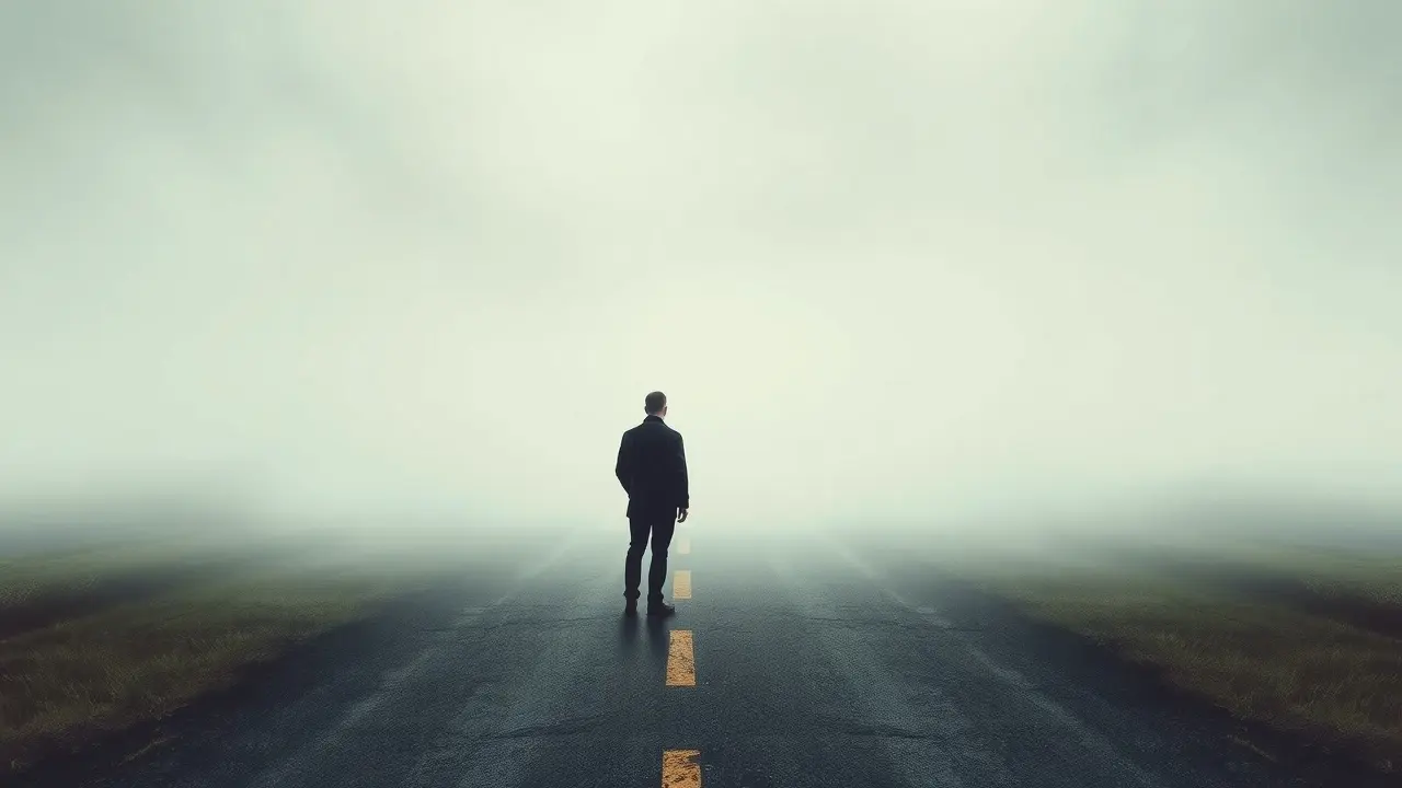 O Significado Profundo de Sonhar com Crise Existencial Figura solitária numa encruzilhada, simbolizando questionamentos existenciais