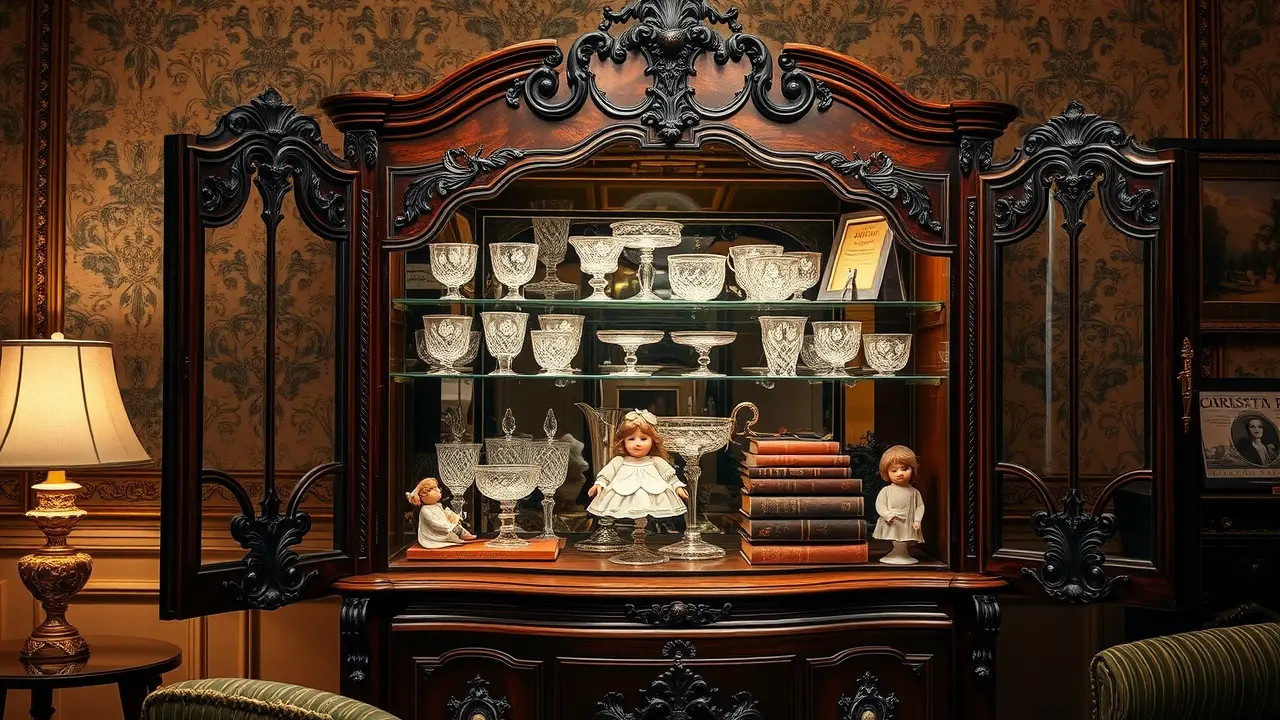 Cristaleira antiga com objetos de valor.