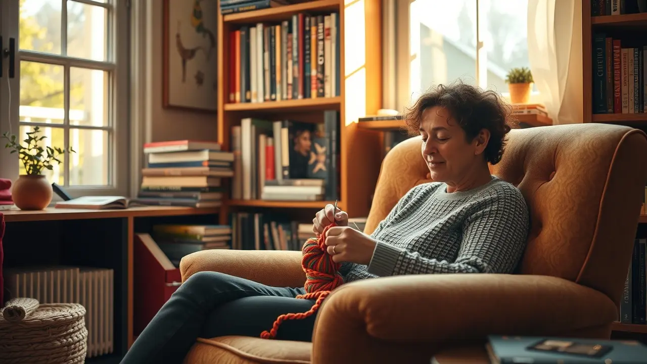 Sonhar com Croché: Desvende os Significados Ocultos Uma pessoa crocheta em uma poltrona confortável.