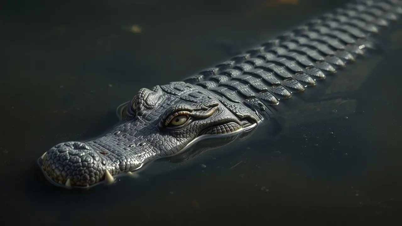 Crocodilo do Nilo à espreita em águas escuras