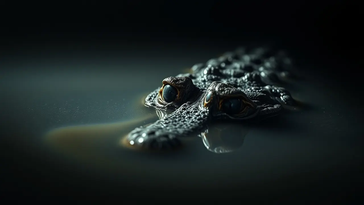 Um crocodilo espreitando em águas escuras.