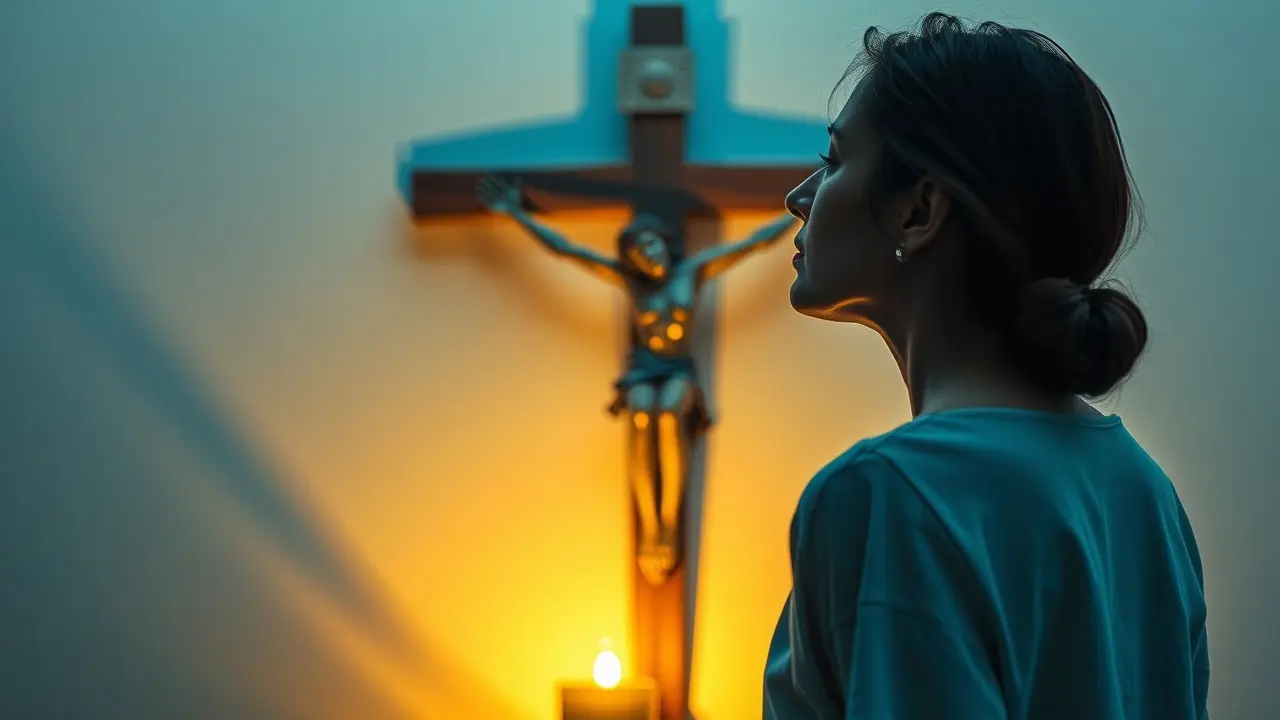 Significado de Sonhar com Crucifixo: Desvendando os Mistérios da Fé e Proteção Pessoa orando em frente a um crucifixo de madeira