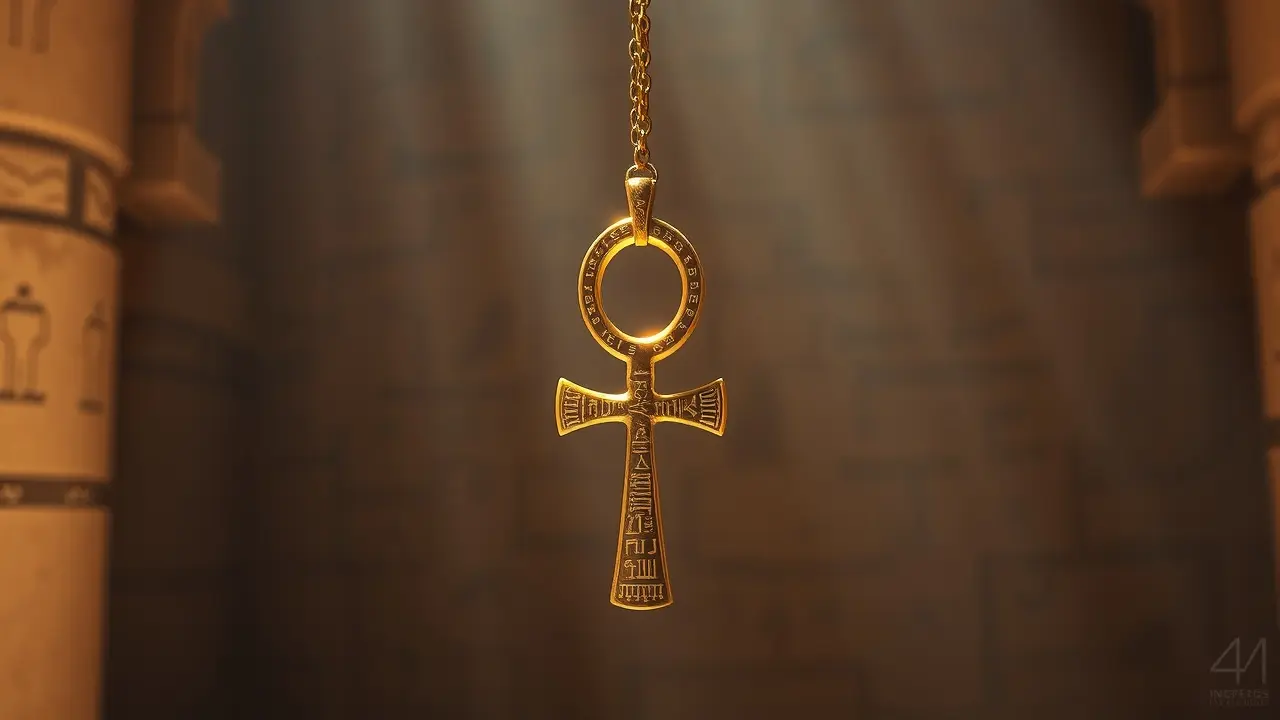 Cruz ansata dourada representando vida e eternidade