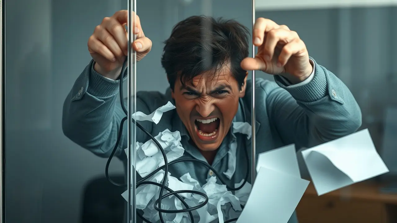 Sonhar com Cubículo: Descubra o Significado Oculto Pessoa tentando escapar de um cubículo de vidro.