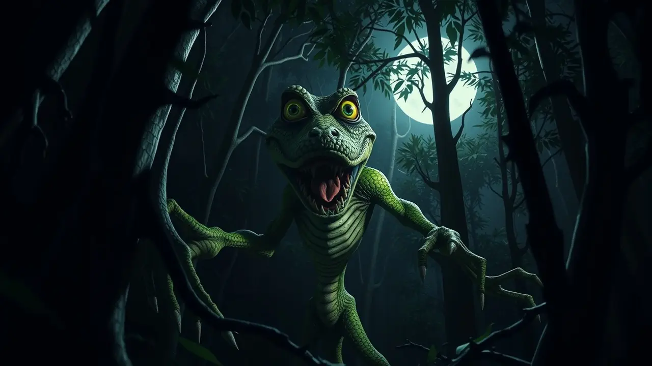 Cuca assustadora saindo da floresta em noite escura.