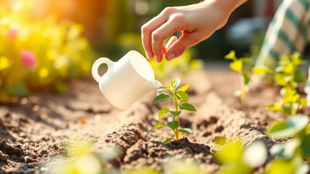 Imagem de cuidado com planta em jardim ensolarado