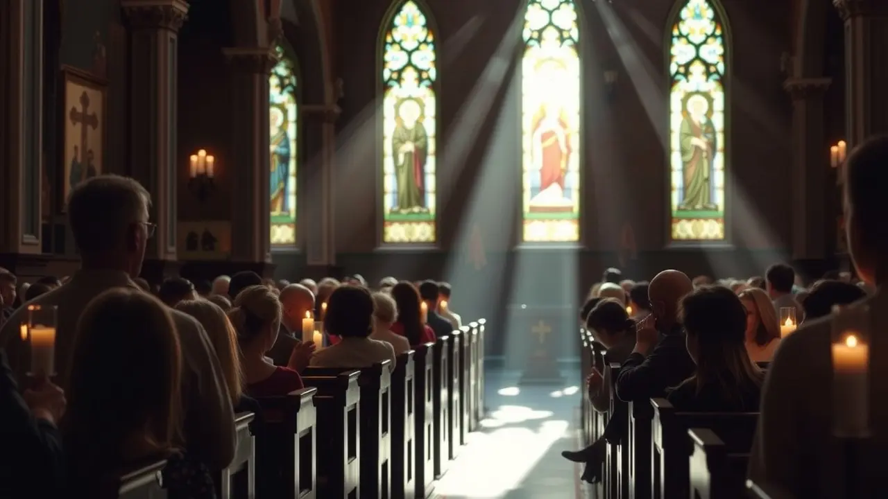 Igreja iluminada com pessoas em oração.