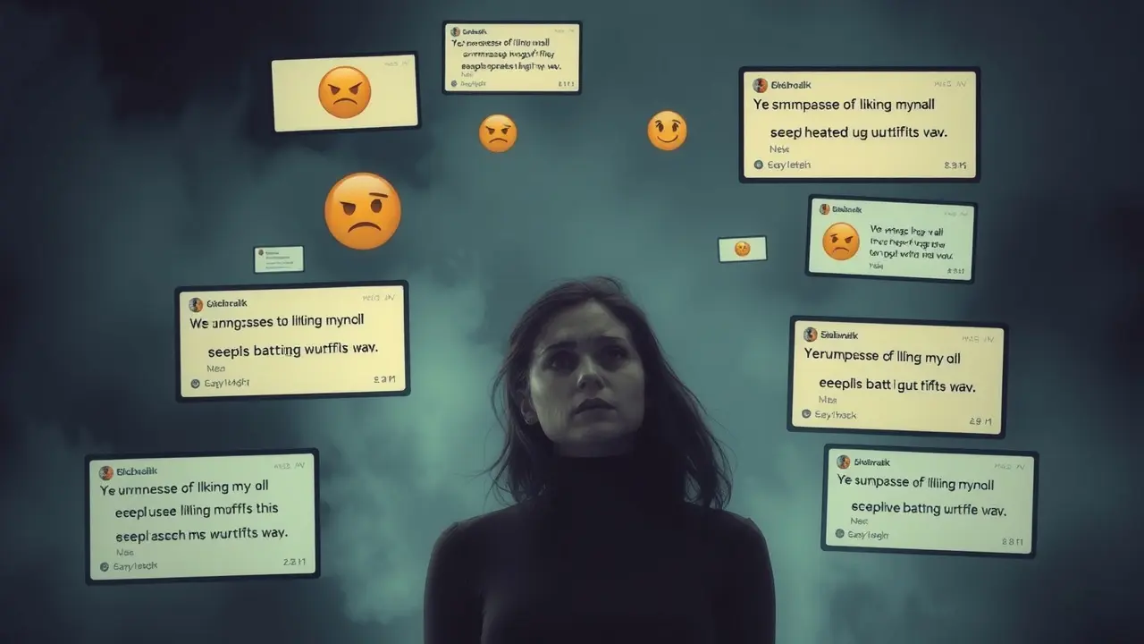 Pessoa angustiada cercada por telas de cyberbullying