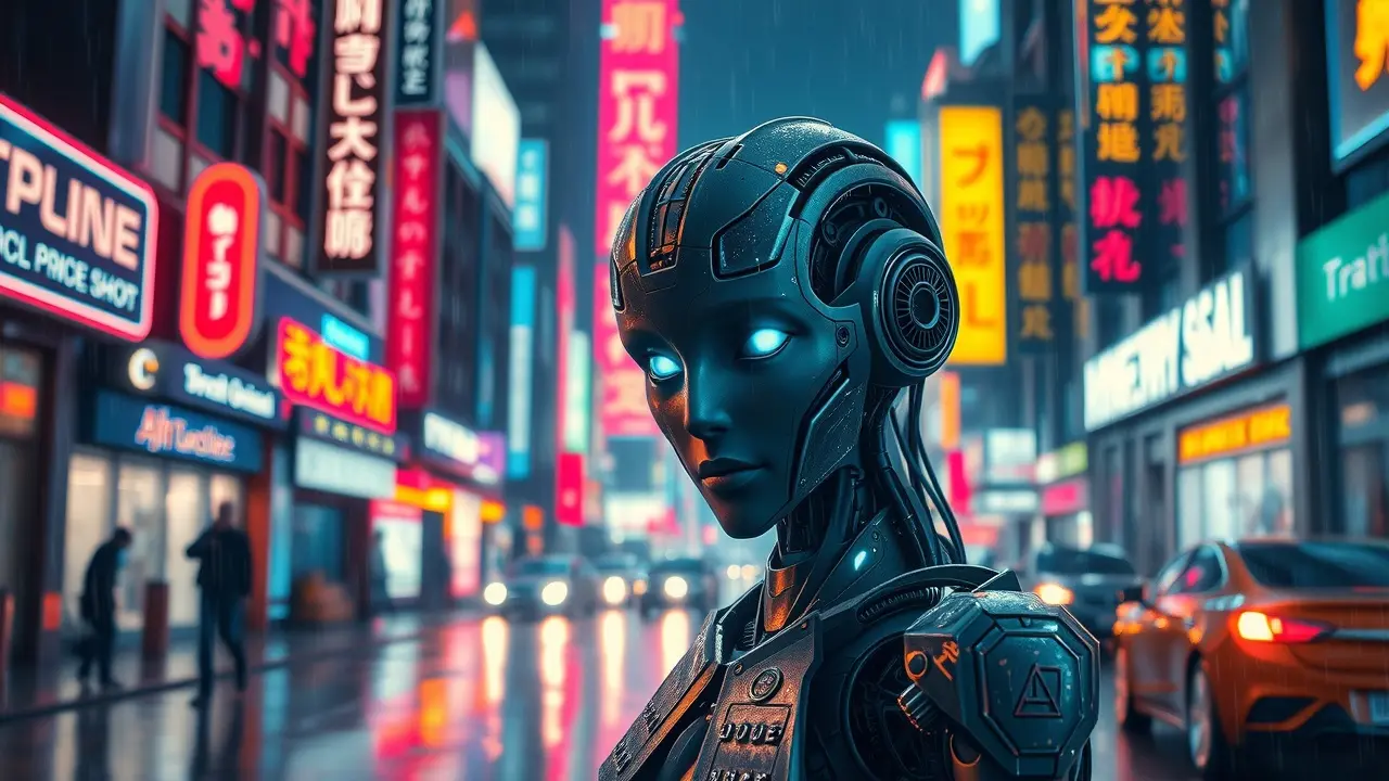 Cyborg em cenário futurista iluminado por neon.