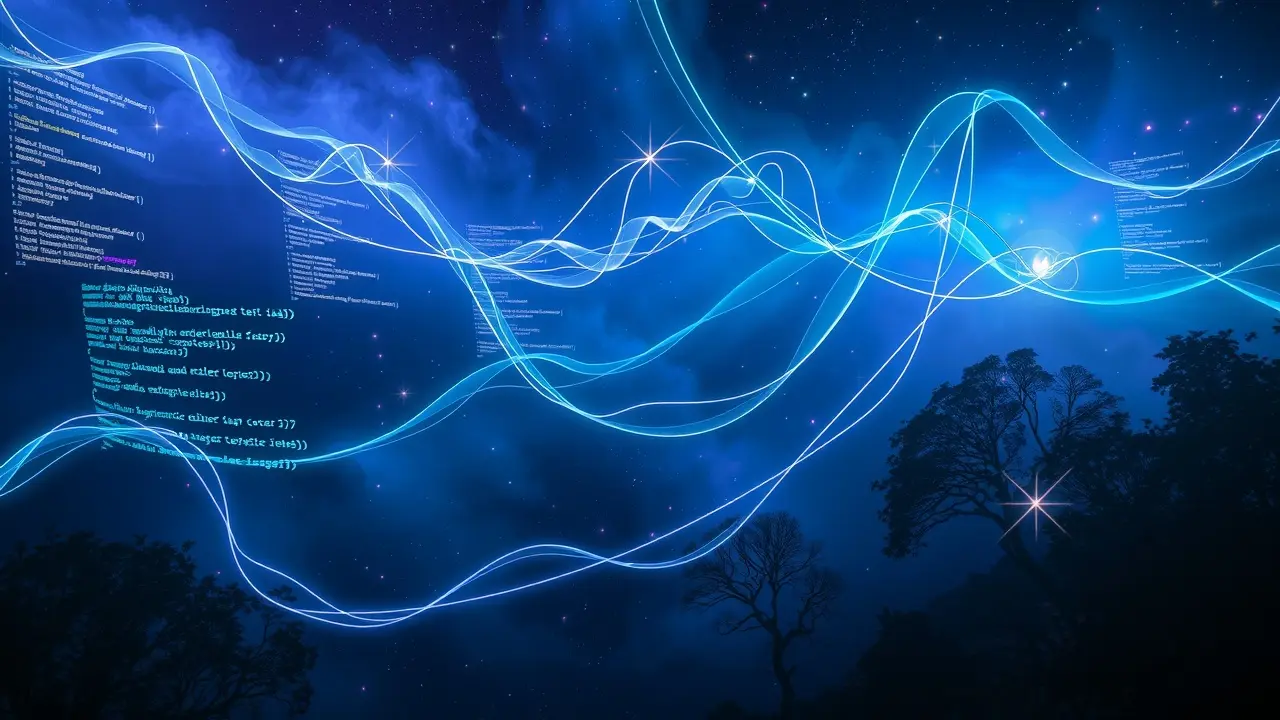 Sonhar com Código: Desvende os Significados Ocultos no Mundo da Programação Sonho com código flutuante em paisagem onírica.