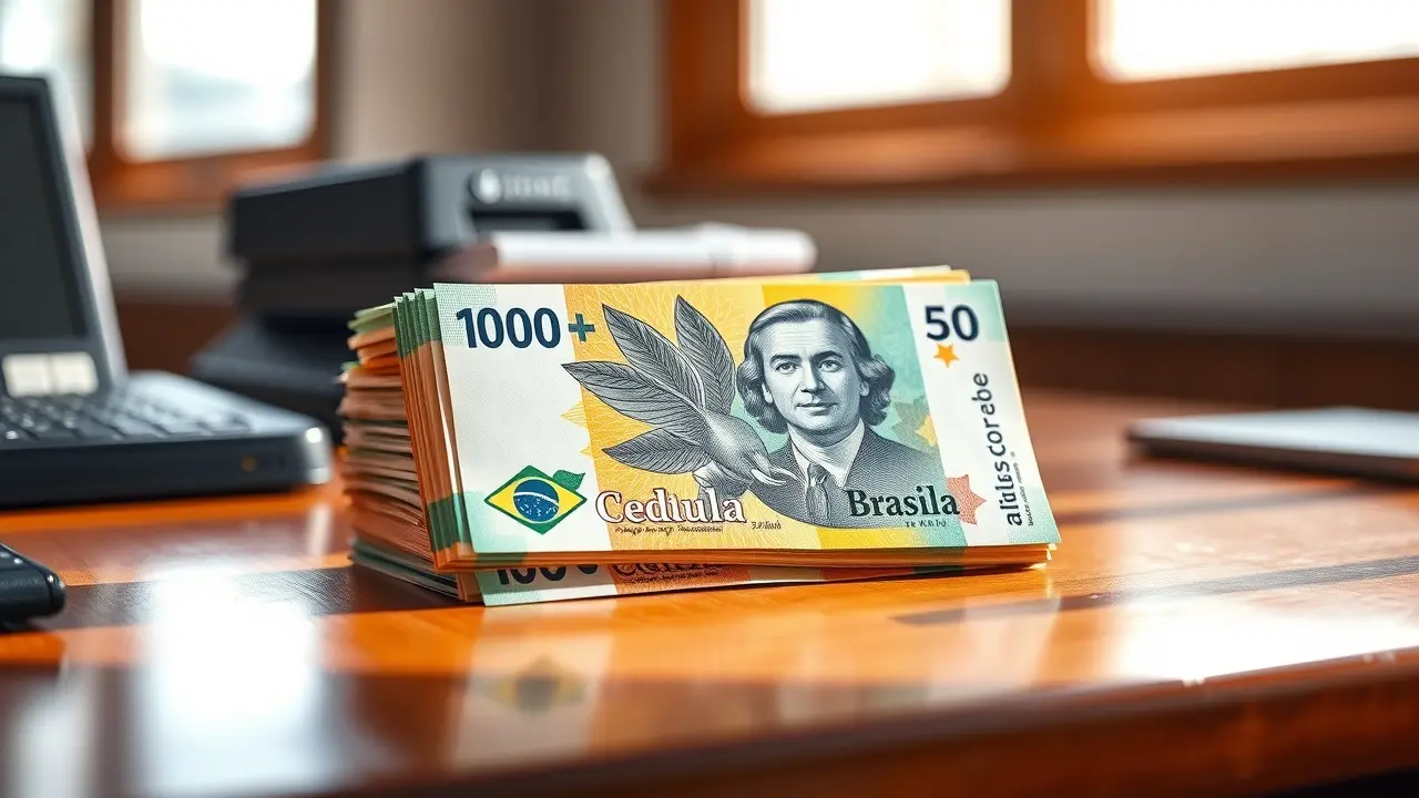 Sonhar com Cédula: Decifre os Significados e Simbolismos Ocultos Cédulas de Real empilhadas sobre mesa de madeira.