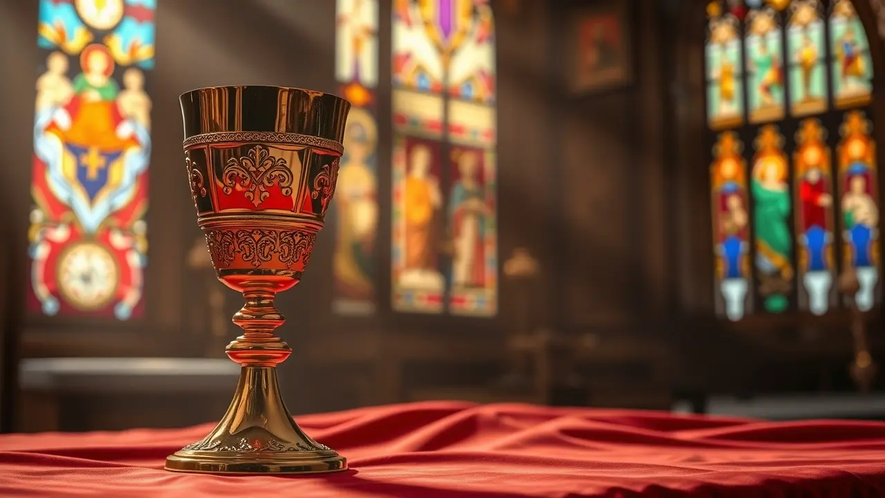 Cálice ritual dourado sobre altar de veludo.