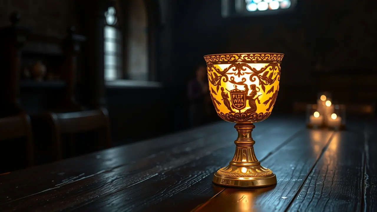 Sonhar com Cálice: Decifre os Significados e Simbolismos Cálice dourado brilhante sobre mesa de madeira escura