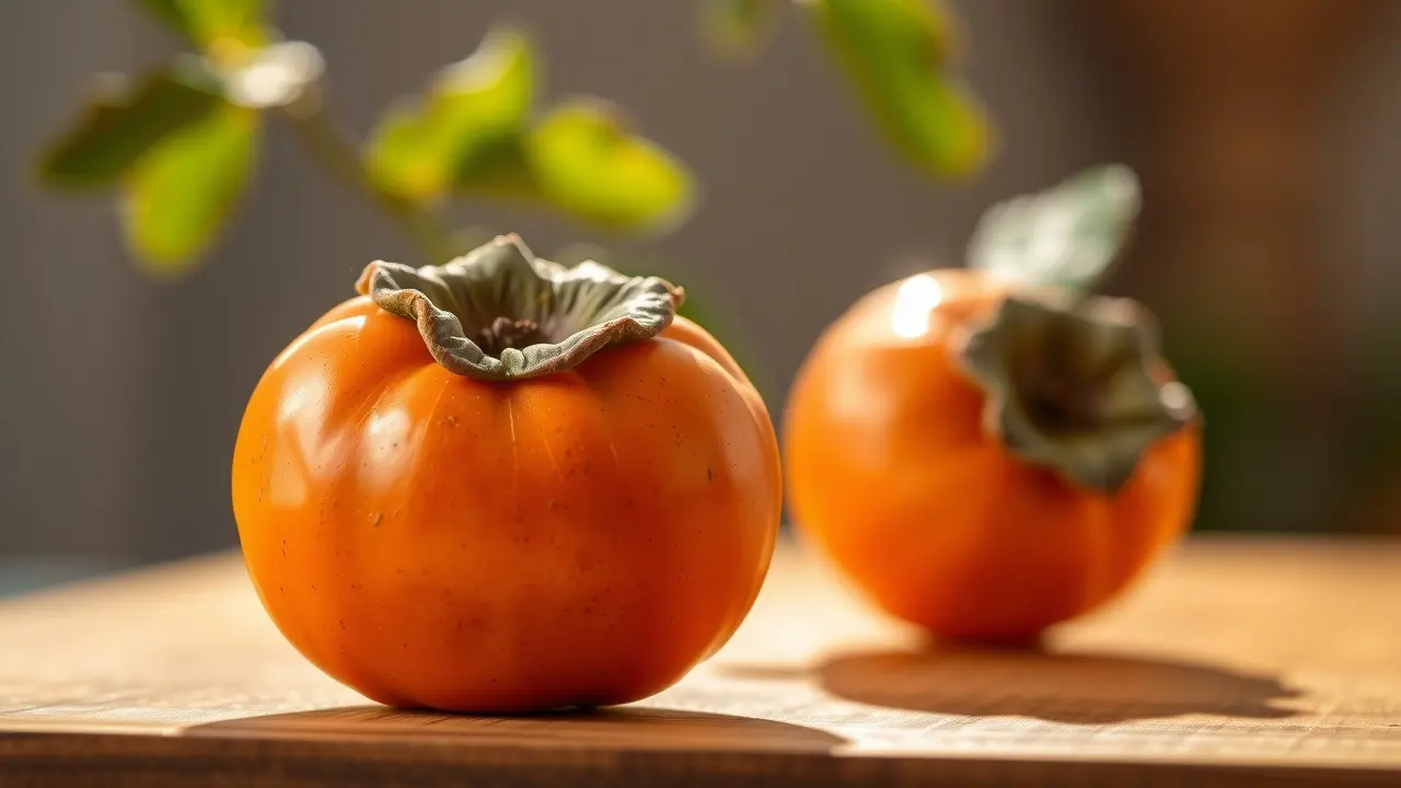 Caqui maduro em mesa de madeira