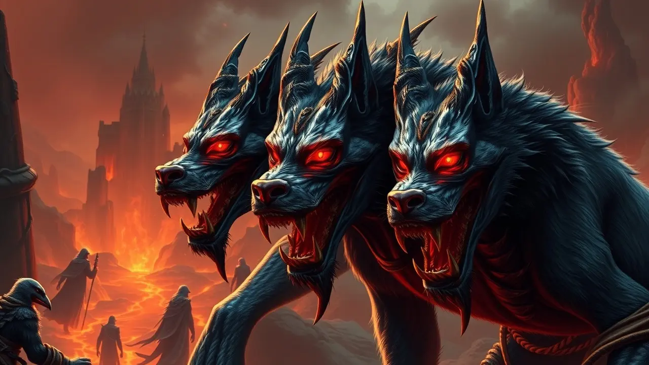 Ilustração de Cérbero, o cão de três cabeças da mitologia