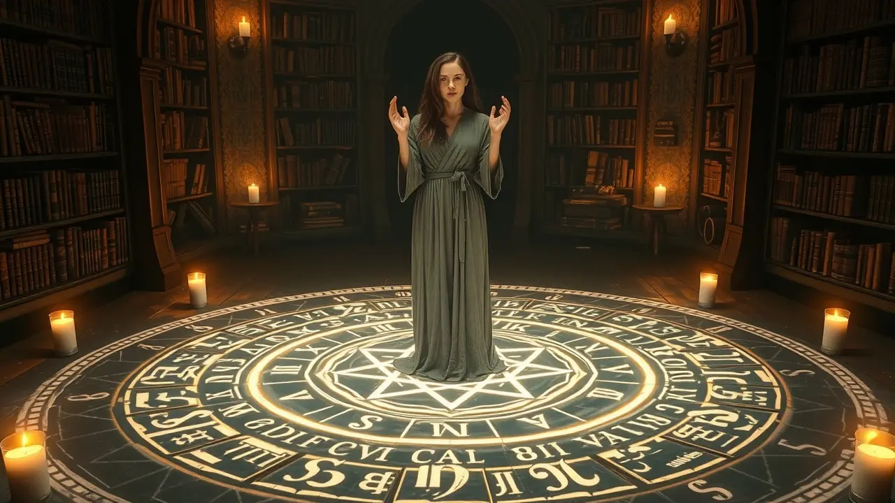 Mulher dentro de círculo mágico brilhante