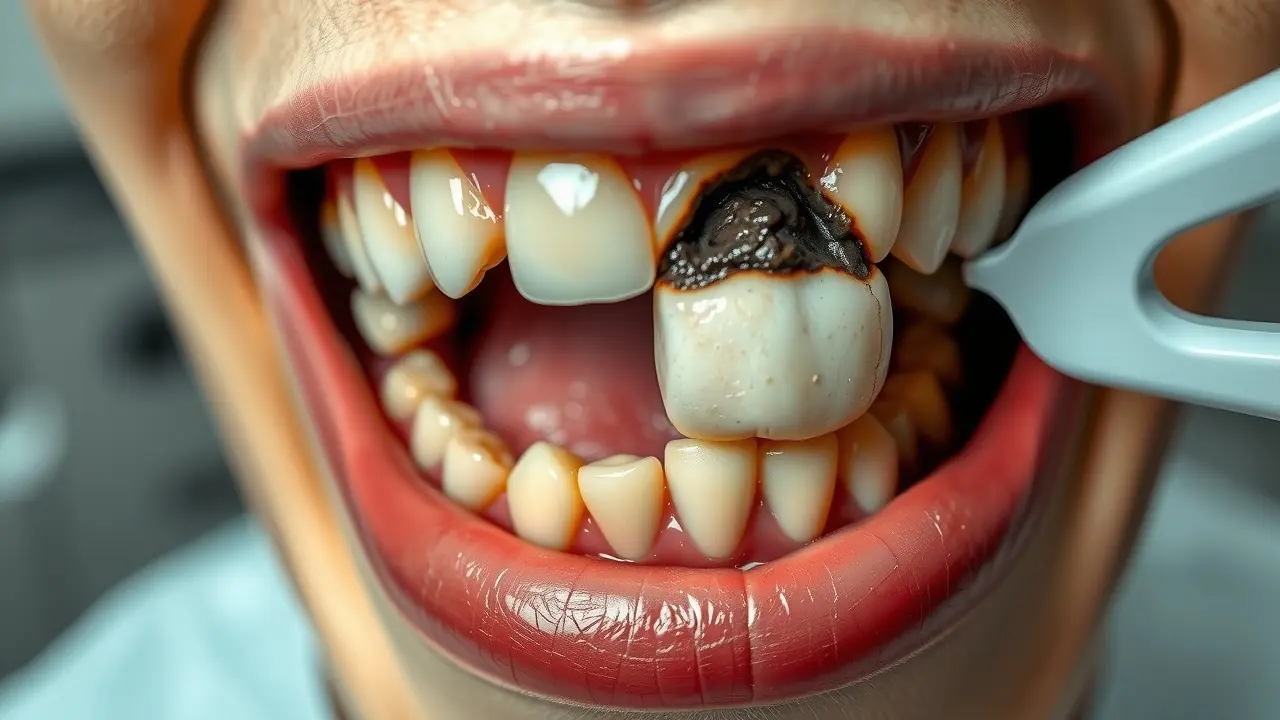 Dente com cárie em close-up