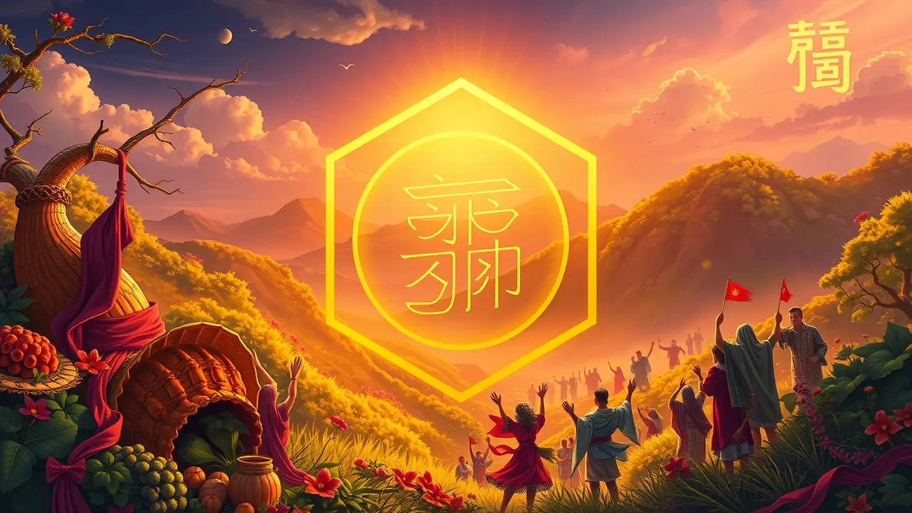 Significado de Sonhar com Dà Yǒu (大有): Abundância e Prosperidade Ilustração de abundância irradiando luz dourada.