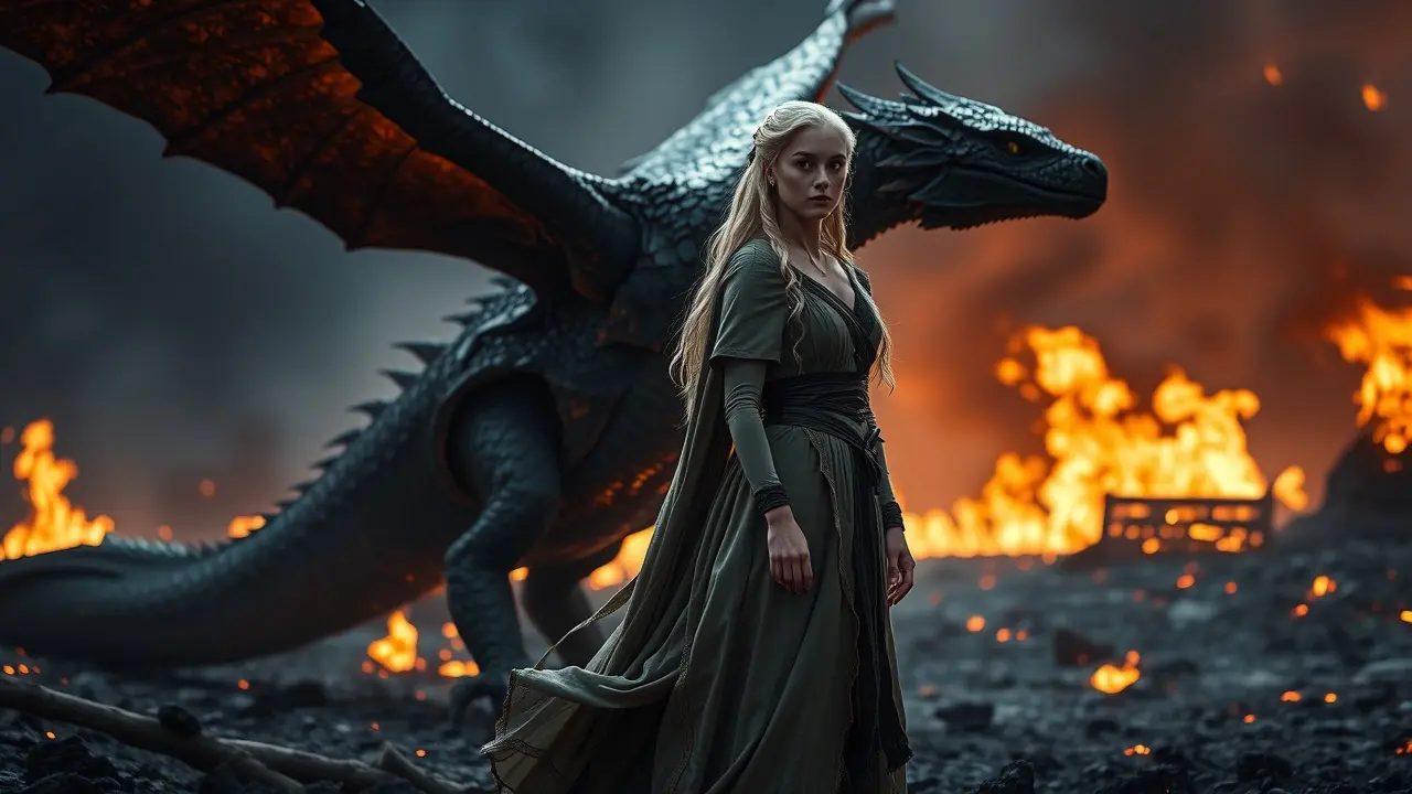 Significado de Sonhar com Daenerys Targaryen: Interpretações e Simbolismos Daenerys Targaryen em meio à destruição com dragão.