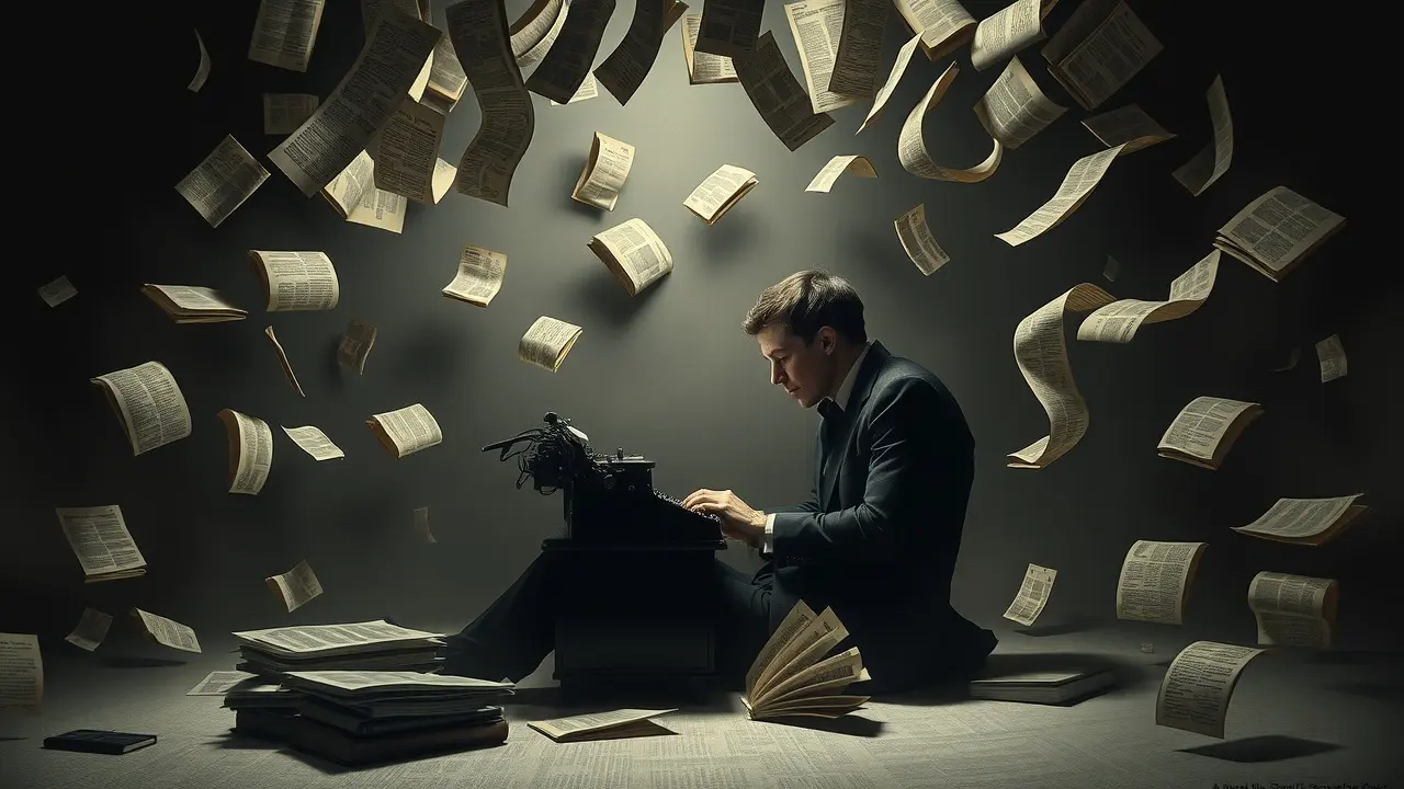 Homem idoso digitando em máquina de escrever cercado por livros flutuantes, representando o sonho com Dalton Trevisan.