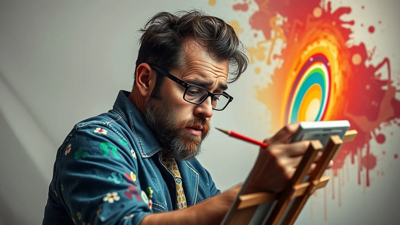 Homem confuso pintando arco-íris com cores erradas, representando daltonismo