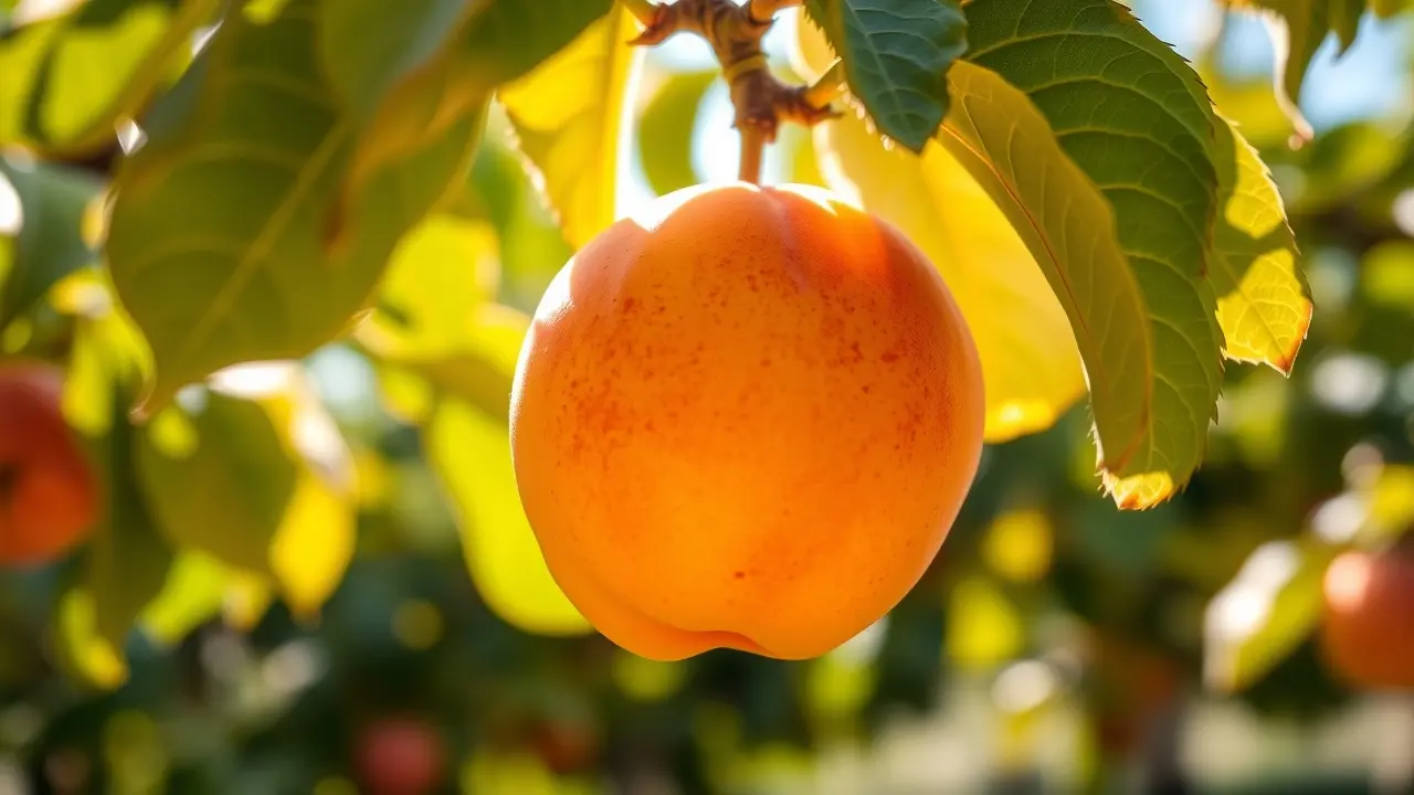 Um damasco maduro pendurado em um galho ensolarado.