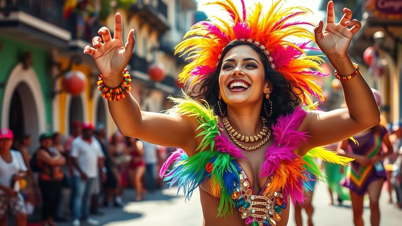 Daniela Mercury sorrindo em trajes de carnaval coloridos.