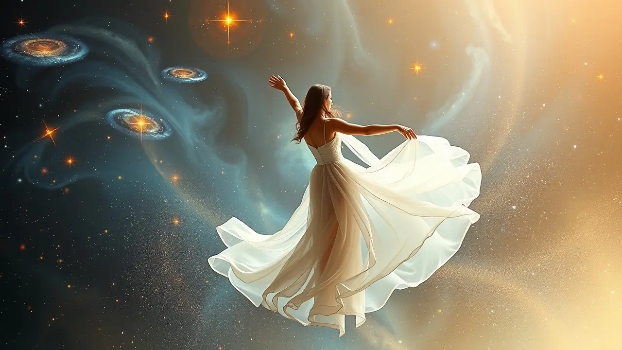 Mulher etérea dançando em meio a galáxias, representando a dança cósmica.