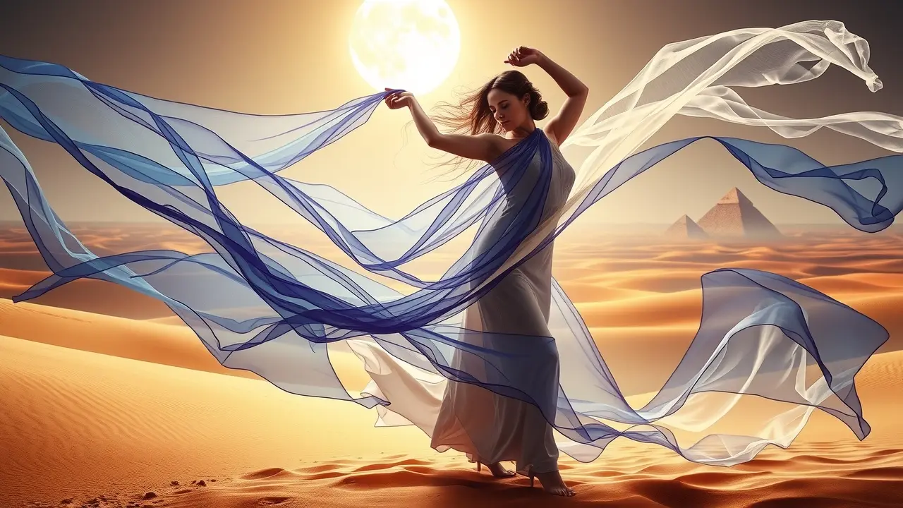 Mulher dançando com véus coloridos em sonho.